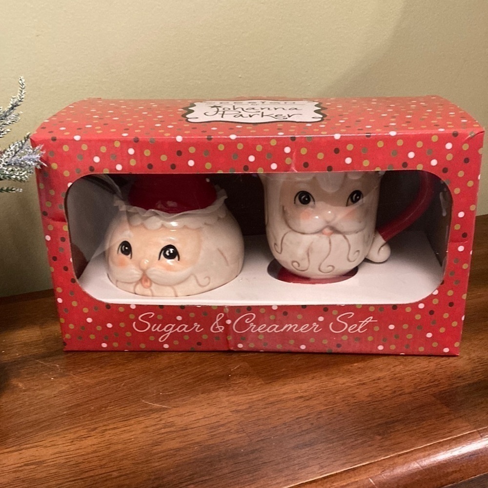 NIB JOHANNA PARKER CHRISTMAS SANTA SUGAR AND CREAMER SET Ceramic